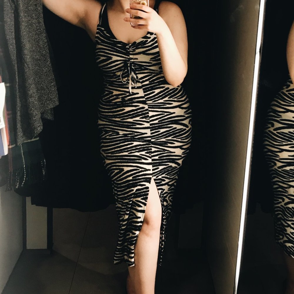 Zara Zebra Striped Bodycon Spaghetti Strap Dress with Side Slit